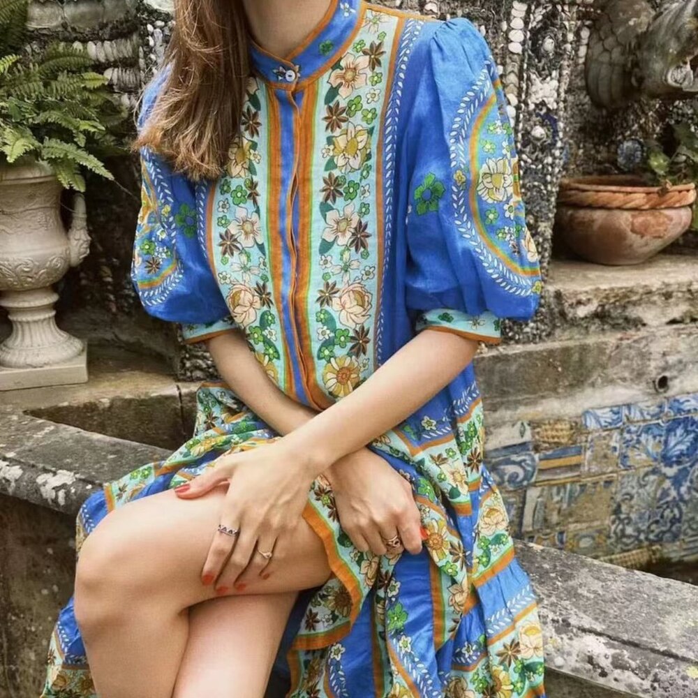 Alemais New ramie beer blue print beach holiday long dress